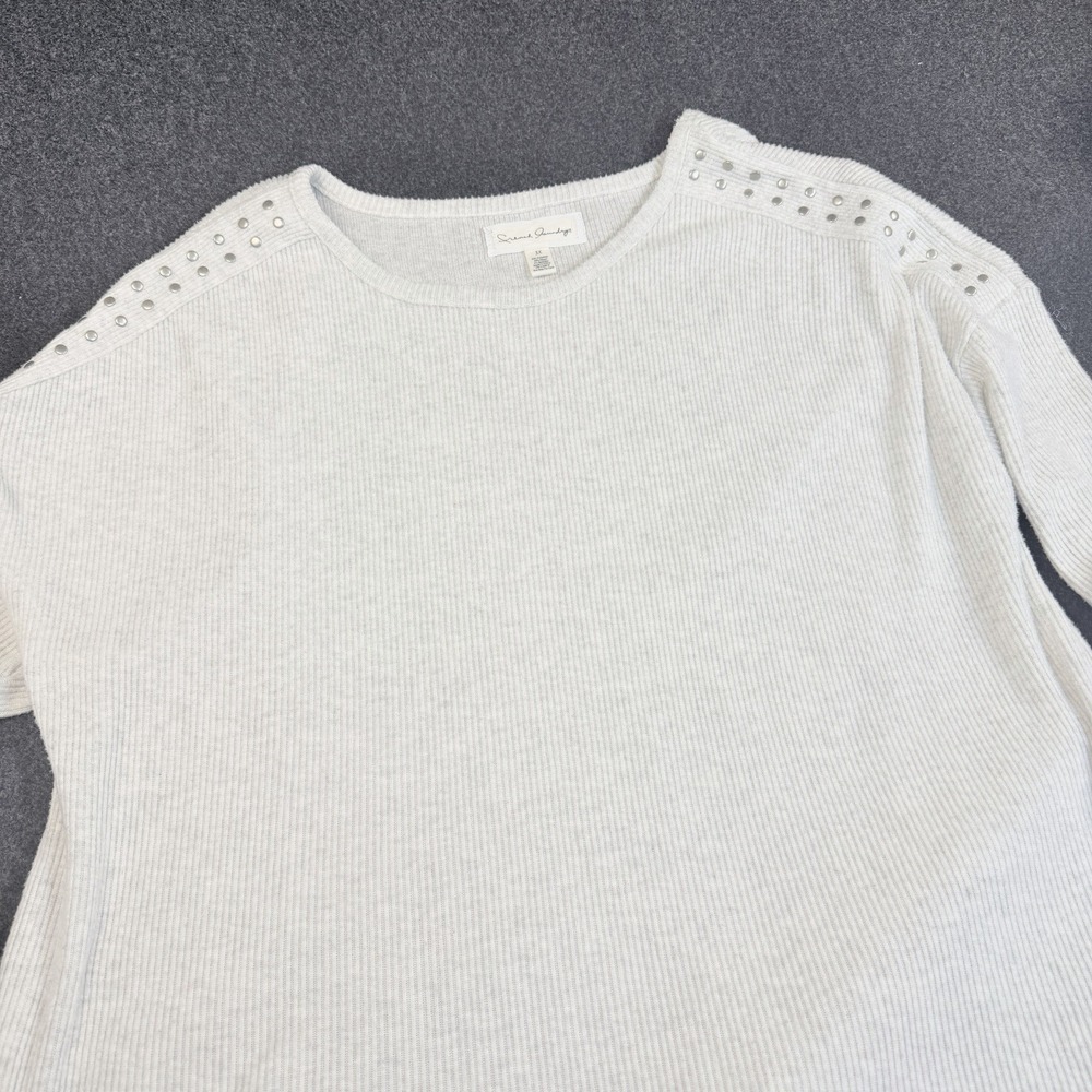 French Laundry 3X Rib Knit Tunic Top Studded Shoulders Gray Long Sleeve Plus